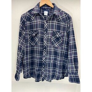 Vintage Wrangler Mens Plaid Flannel Long Sleeve Button-Up Shirt Size XL Blue/Red
